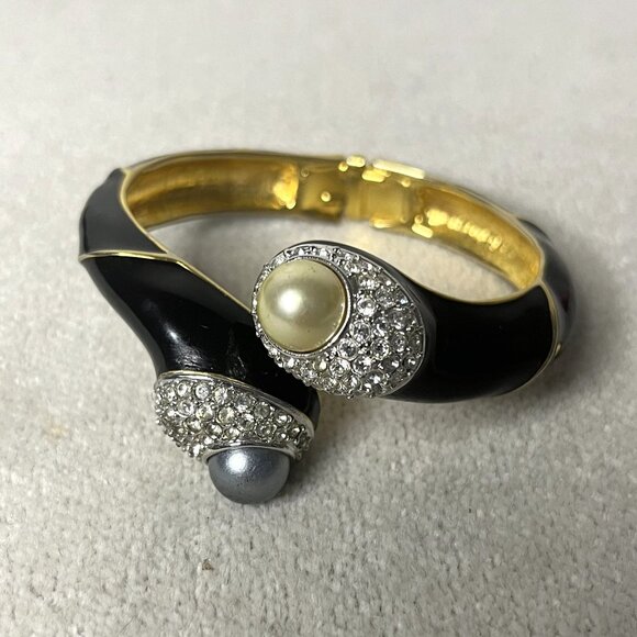 Vintage Kenneth Jay Lane Black and Gold Enamel, Rhinestone Clamper Bracelet - Picture 1 of 9